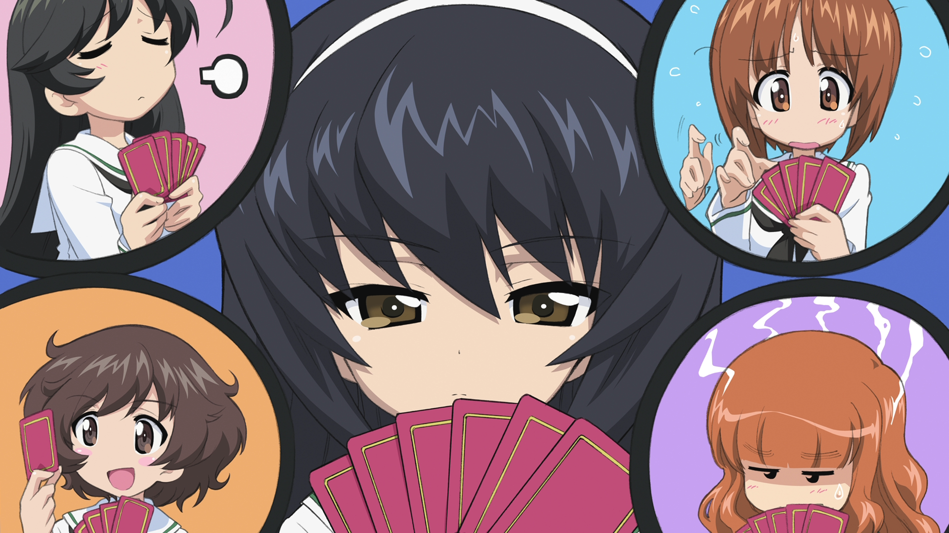 HD PC desktop wallpaper featuring anime-style girls from Girls und Panzer, each holding cards with varied expressions in colorful circular frames.