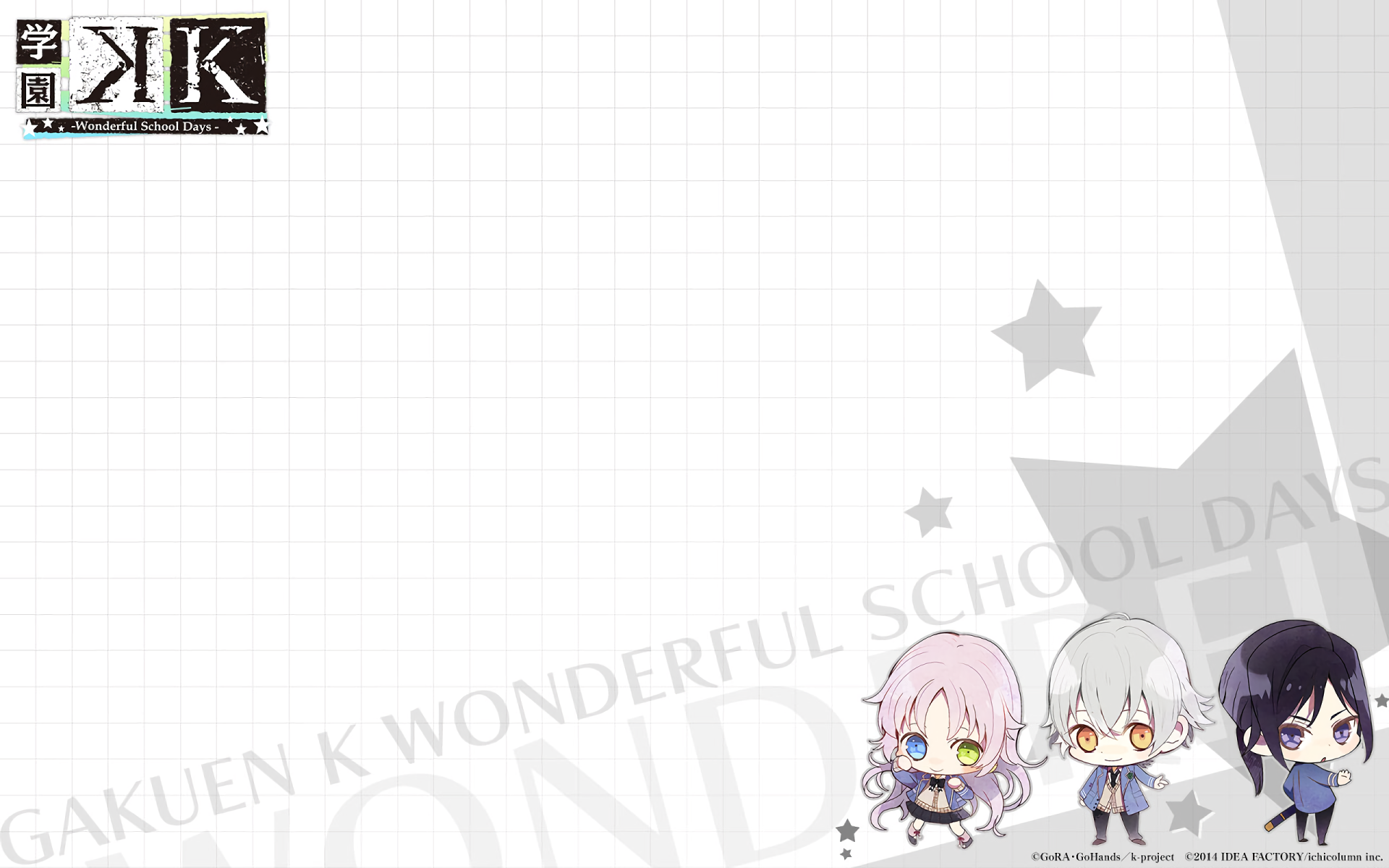 HD PC desktop wallpaper featuring chibi characters from the anime K Project on a white grid background with subtle gray stars and text elements.
