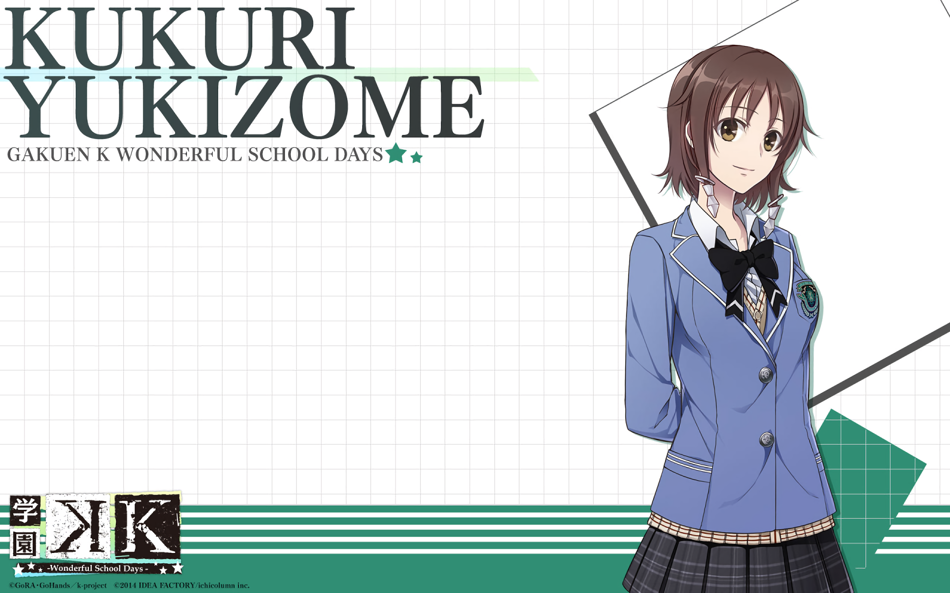 HD PC wallpaper featuring Kukuri Yukizome from the anime K Project, styled in her Gakuen K school uniform against a clean, grid-lined background.