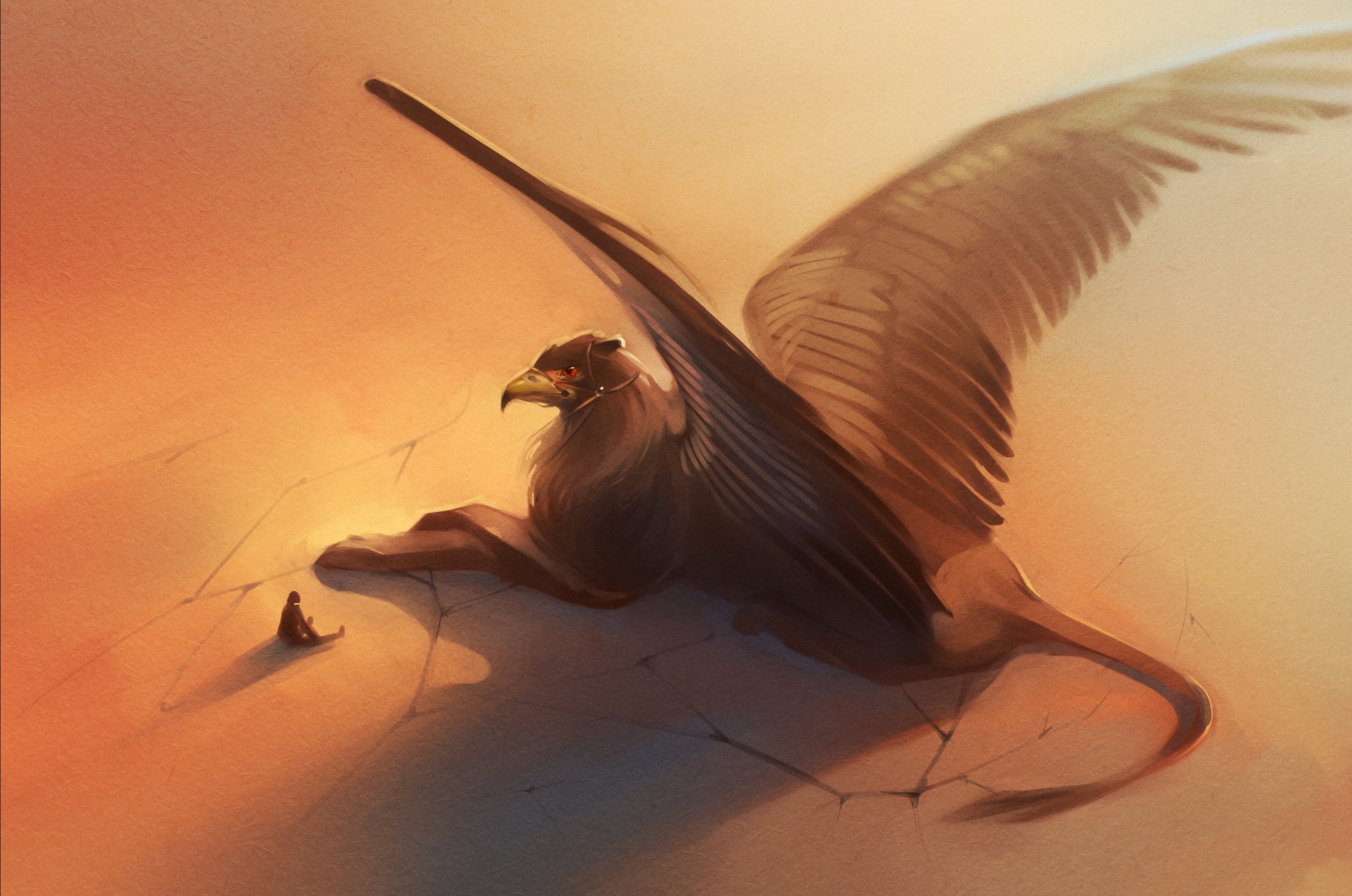 A majestic griffin creature with large wings rests on a warm, sandy surface, captured in a detailed fantasy HD desktop wallpaper.