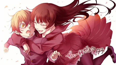 HD wallpaper featuring Teiichi Niiya and Yuuko Kanoe from the anime Tasogare Otome x Amnesia, capturing a playful moment between the characters in a vibrant, dynamic style.