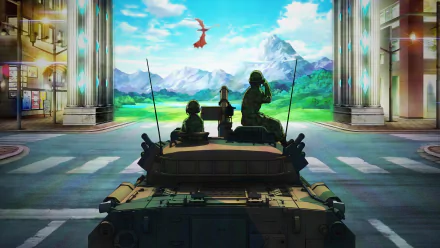 Anime-inspired HD wallpaper from Gate (2015), showcasing soldiers on a tank with a vibrant fantasy landscape and a dragon flying in the sky.
