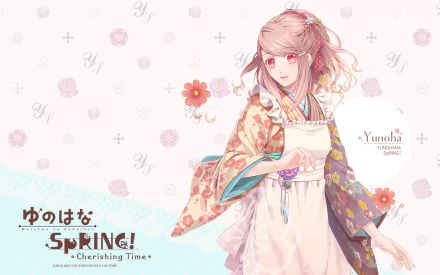 Anime HD PC desktop wallpaper: Yunohana Spring! Cherishing Time — pastel backdrop with scattered petals and logo, young woman in a floral kimono holding flowers.