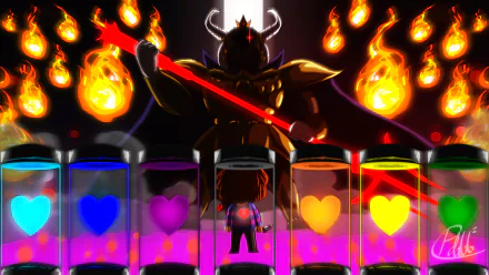 HD wallpaper featuring Asgore and Frisk from the video game Undertale, with Asgore towering over Frisk amid glowing heart containers and flames.