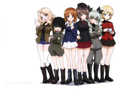 Anime — Girls und Panzer 4K Ultra HD PC desktop wallpaper/background: six schoolgirls in mixed military-style and school uniforms standing in a row on a white background.