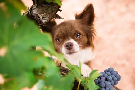HD desktop wallpaper featuring a close-up of a brown and white Chihuahua dog surrounded by green leaves and purple berries.