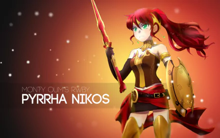 HD wallpaper featuring Pyrrha Nikos, a character from the anime RWBY, showcasing her in a dynamic pose with a spear and shield against a vibrant background.