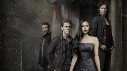 A dramatic HD wallpaper featuring characters from the TV show The Vampire Diaries, set against a dark, mysterious backdrop.