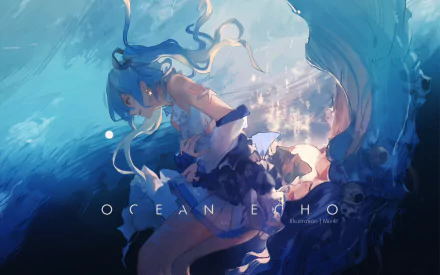 HD wallpaper featuring Hatsune Miku, an iconic Vocaloid character, surrounded by an ethereal ocean scene, capturing a sense of serenity and magic.