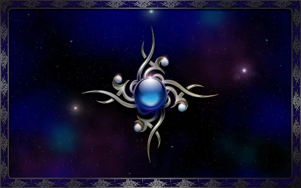 HD PC desktop wallpaper featuring an abstract blue and silver design with a central orb and swirling metallic elements against a dark, starry background.