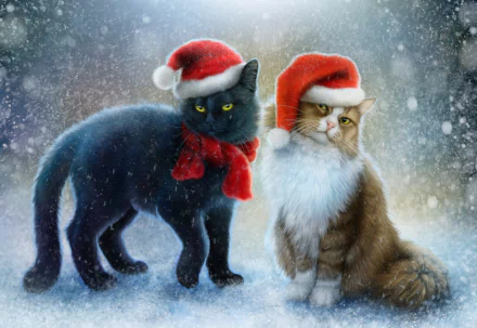 Two festive cats wearing Santa hats and scarves sit amidst a gentle snowfall, capturing the holiday spirit in this enchanting Christmas wallpaper.