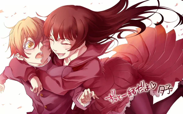 HD wallpaper featuring Teiichi Niiya and Yuuko Kanoe from the anime Tasogare Otome x Amnesia, capturing a playful moment between the characters in a vibrant, dynamic style.