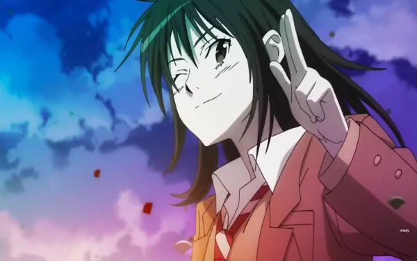 Anime Coppelion HD PC desktop wallpaper: winking schoolgirl in a red blazer flashing a peace sign against a vivid blue-purple sky with scattered petals.