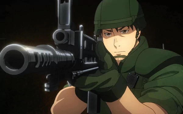 A soldier in tactical gear aims a firearm, set against a dark background. This HD wallpaper is inspired by the anime Gate (2015), capturing an intense moment.