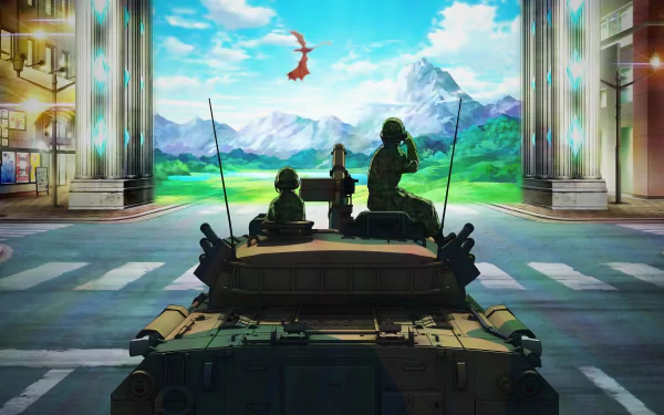 Anime-inspired HD wallpaper from Gate (2015), showcasing soldiers on a tank with a vibrant fantasy landscape and a dragon flying in the sky.
