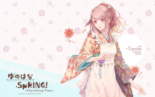 Anime HD PC desktop wallpaper: Yunohana Spring! Cherishing Time — pastel backdrop with scattered petals and logo, young woman in a floral kimono holding flowers.