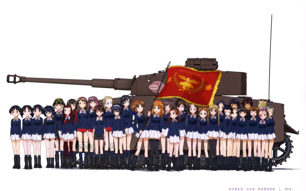Anime Girls und Panzer 4K Ultra HD PC desktop wallpaper: many schoolgirls in navy uniforms standing before a detailed tank flying a red banner.