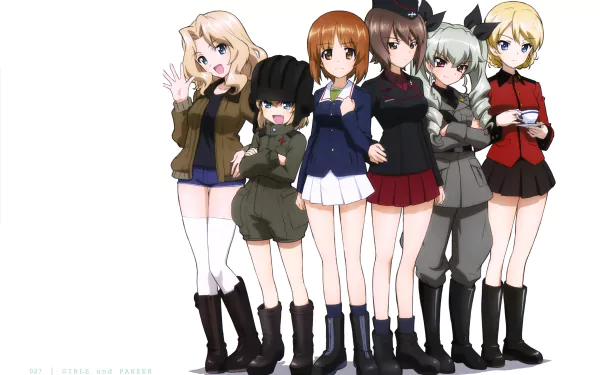 Anime — Girls und Panzer 4K Ultra HD PC desktop wallpaper/background: six schoolgirls in mixed military-style and school uniforms standing in a row on a white background.