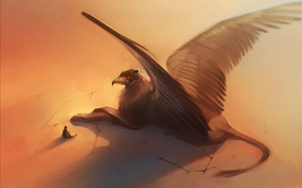 A majestic griffin creature with large wings rests on a warm, sandy surface, captured in a detailed fantasy HD desktop wallpaper.