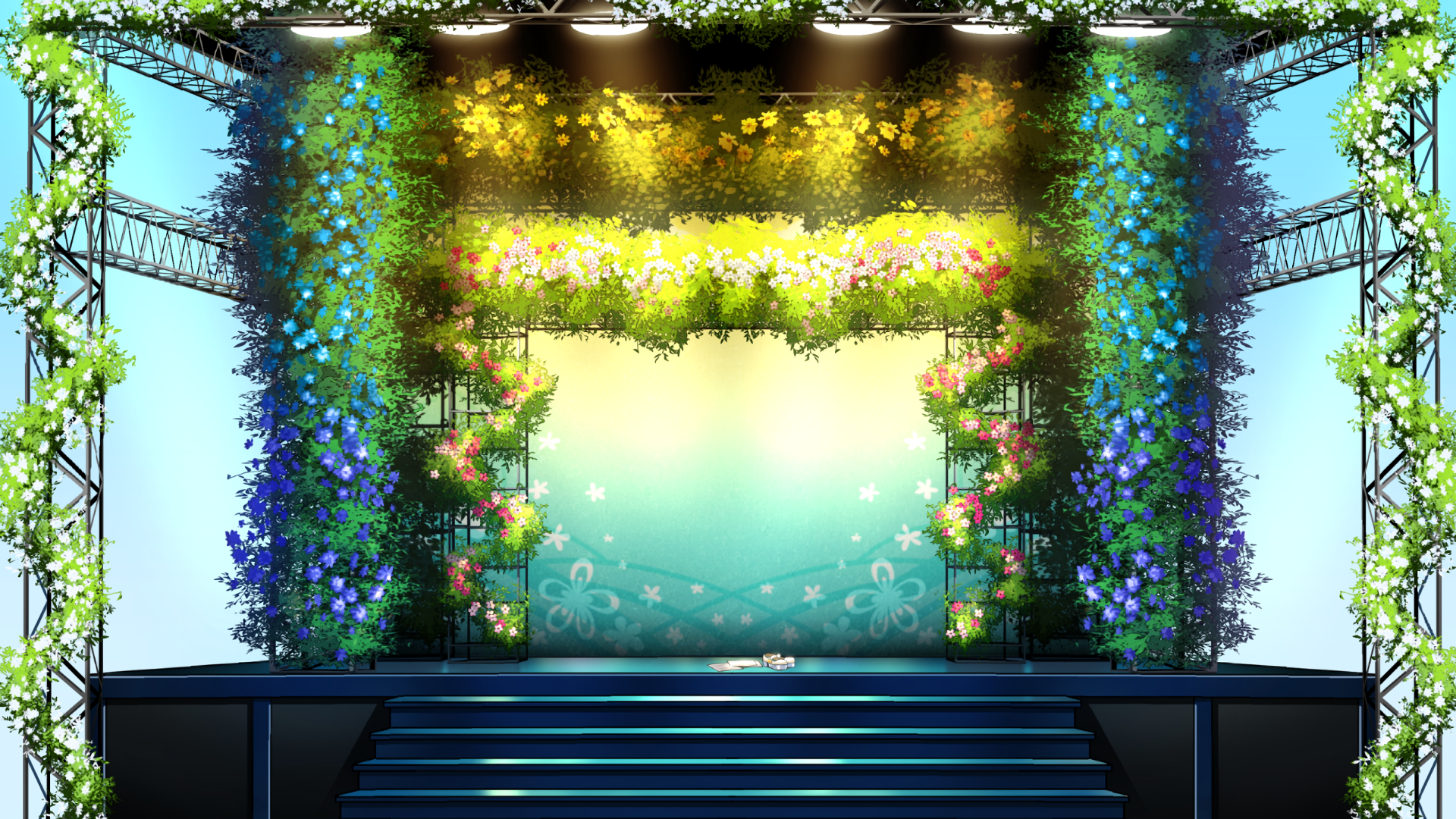 A vibrant HD PC desktop wallpaper featuring Hatsune Miku, the iconic Vocaloid, framed by colorful floral decorations and stage lighting in an anime art style.
