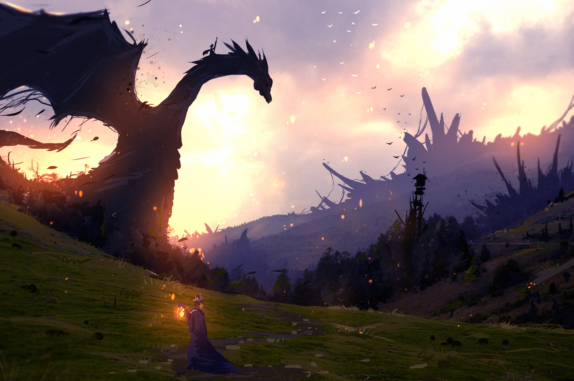 A majestic dragon looms over a mystical landscape at sunset, adorned with dark mountains and glowing embers—a stunning HD fantasy wallpaper that captures the essence of adventure.