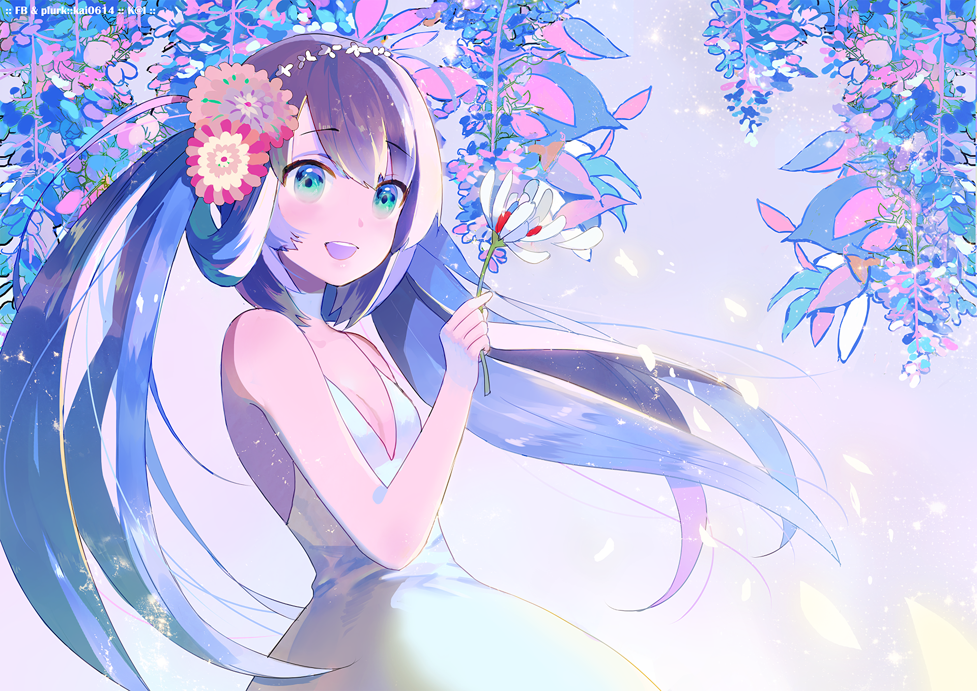 A vibrant HD wallpaper featuring Hatsune Miku, the iconic Vocaloid character, surrounded by colorful flowers and lush foliage in a whimsical anime style.