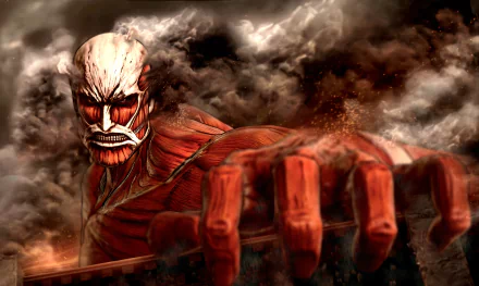 HD desktop wallpaper featuring the Colossal Titan from Attack on Titan anime, with a detailed and fierce depiction in a dramatic smoky background.