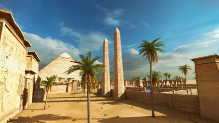 4K Ultra HD PC desktop wallpaper of a sunlit Egyptian desert: sand, palm trees, a pyramid and twin obelisks — scene from the video game The Talos Principle.
