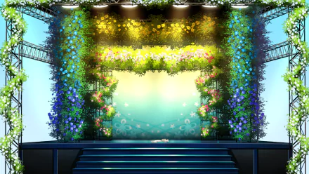 A vibrant HD PC desktop wallpaper featuring Hatsune Miku, the iconic Vocaloid, framed by colorful floral decorations and stage lighting in an anime art style.