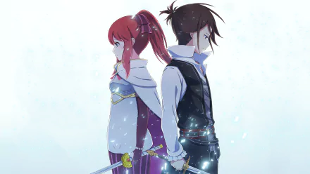 HD desktop wallpaper featuring Wilhelm van Astrea and Theresia van Astrea from the anime Re:Zero - Starting Life in Another World, standing back to back, both holding swords.