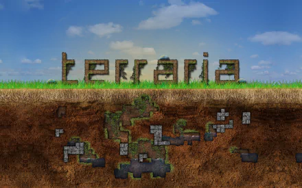 A vibrant HD desktop wallpaper featuring the word Terraria crafted from earthy materials, set against a bright blue sky and grassy landscape, with a glimpse of underground textures.