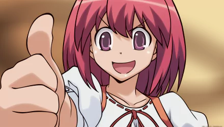 HD PC desktop wallpaper from Toradora! showing Minori Kushieda with pink hair, bright eyes and a big smile as she gives a thumbs-up in a cheerful pose.