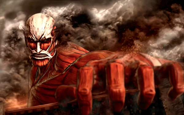 HD desktop wallpaper featuring the Colossal Titan from Attack on Titan anime, with a detailed and fierce depiction in a dramatic smoky background.
