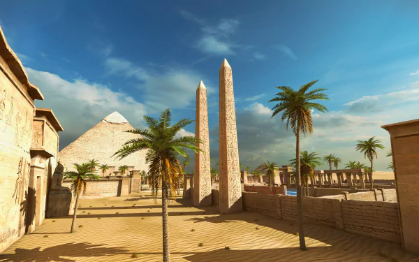 4K Ultra HD PC desktop wallpaper of a sunlit Egyptian desert: sand, palm trees, a pyramid and twin obelisks — scene from the video game The Talos Principle.