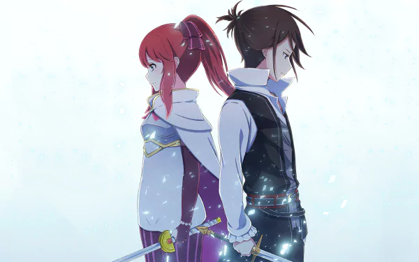 HD desktop wallpaper featuring Wilhelm van Astrea and Theresia van Astrea from the anime Re:Zero - Starting Life in Another World, standing back to back, both holding swords.