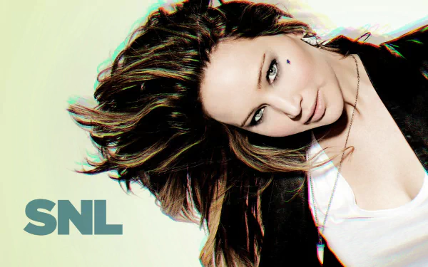 Jennifer Lawrence posing with tousled hair, featured in a Saturday Night Live themed HD PC desktop wallpaper background.