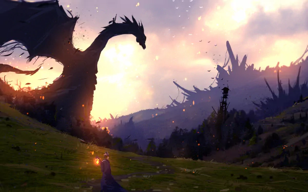 A majestic dragon looms over a mystical landscape at sunset, adorned with dark mountains and glowing embers—a stunning HD fantasy wallpaper that captures the essence of adventure.