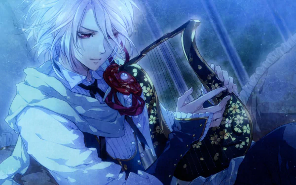 Anime-style 8K Ultra HD wallpaper featuring Reine des Fleurs, a silver-haired character playing an ornate, flower-adorned harp in a serene, blue-toned setting.
