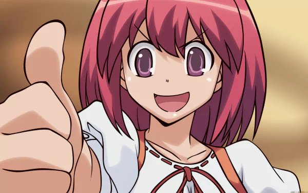 HD PC desktop wallpaper from Toradora! showing Minori Kushieda with pink hair, bright eyes and a big smile as she gives a thumbs-up in a cheerful pose.