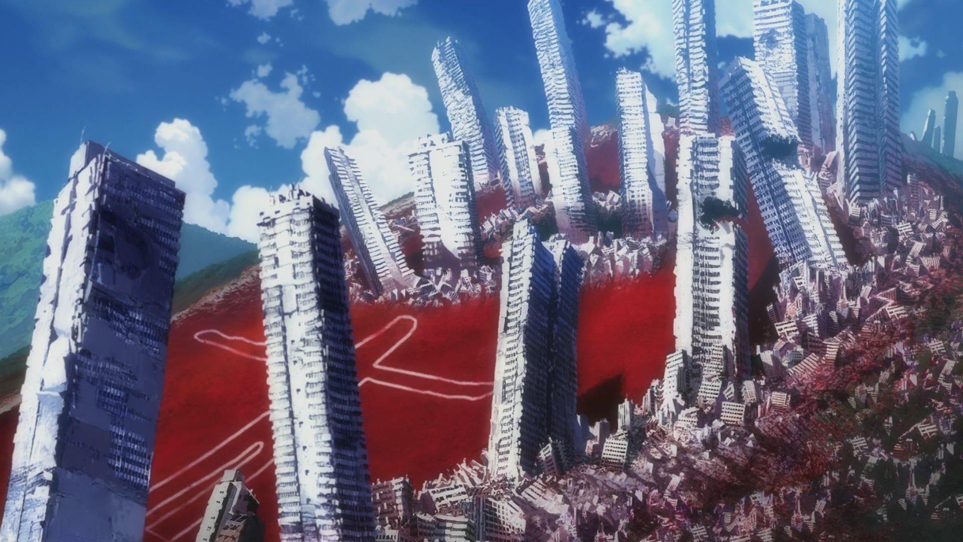 HD PC desktop wallpaper from Neon Genesis Evangelion: 1.0 You Are (Not) Alone, depicting a distorted cityscape under a bright blue sky with clouds.