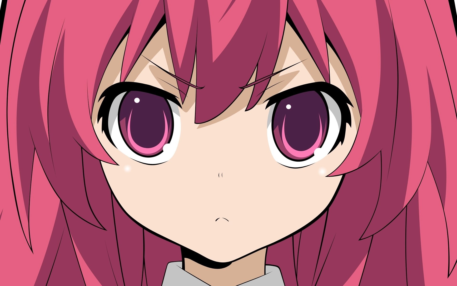 HD anime desktop wallpaper featuring a close-up of Taiga Aisaka from Toradora! with intense pink eyes and matching pink hair.