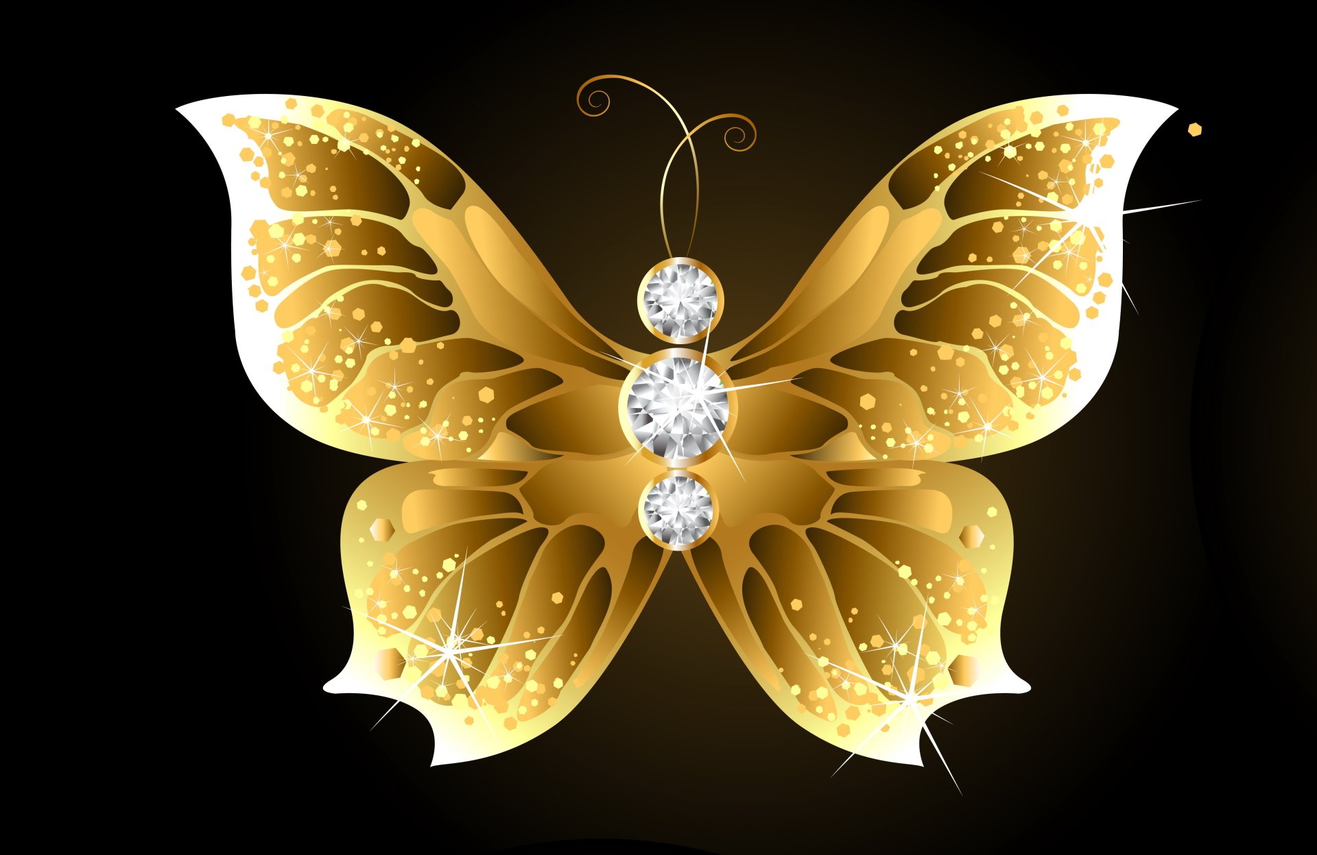 Artistic golden butterfly adorned with sparkling diamonds on a dark background, rendered as a 4K Ultra HD PC desktop wallpaper and background.