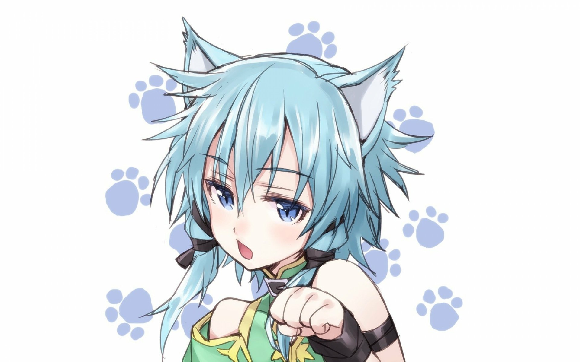 Anime character Sinon (Shino Asada) from Sword Art Online II, featuring her signature blue hair and feline ears, set against a playful backdrop of paw prints. HD desktop wallpaper.