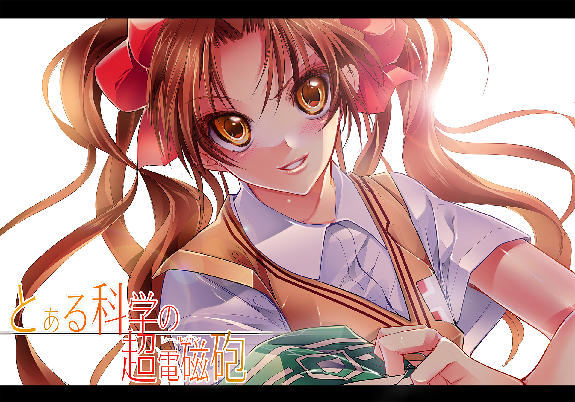 HD PC desktop wallpaper/background: anime portrait of Mikoto Misaka from A Certain Scientific Railgun, smiling in a school uniform with red ribbons and flowing twin tails, warm dynamic lighting.