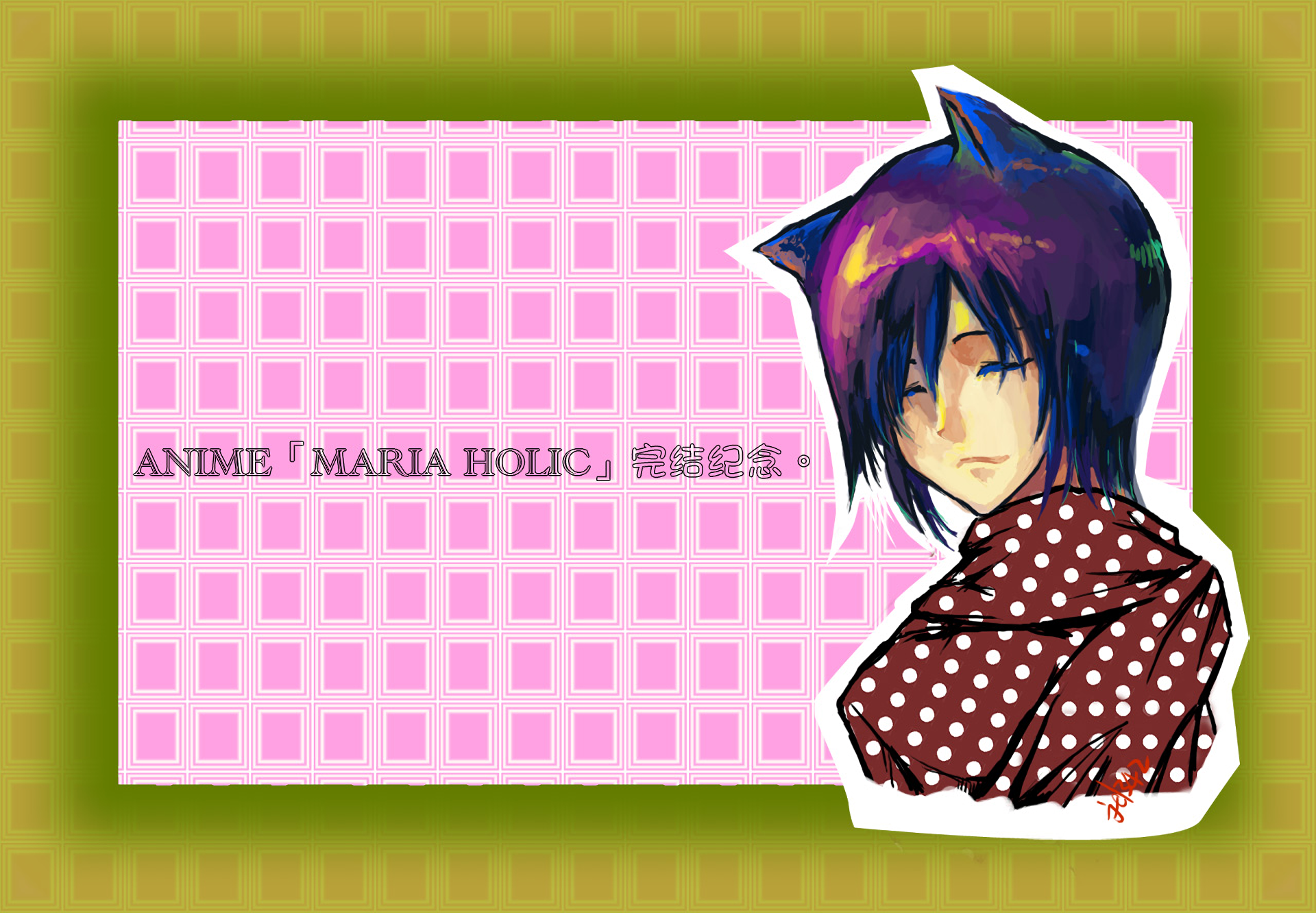 Anime Maria Holic HD PC desktop wallpaper and background: stylized blue-haired character in a cat-eared hood and polka-dot scarf against a pink grid panel with olive-green border.