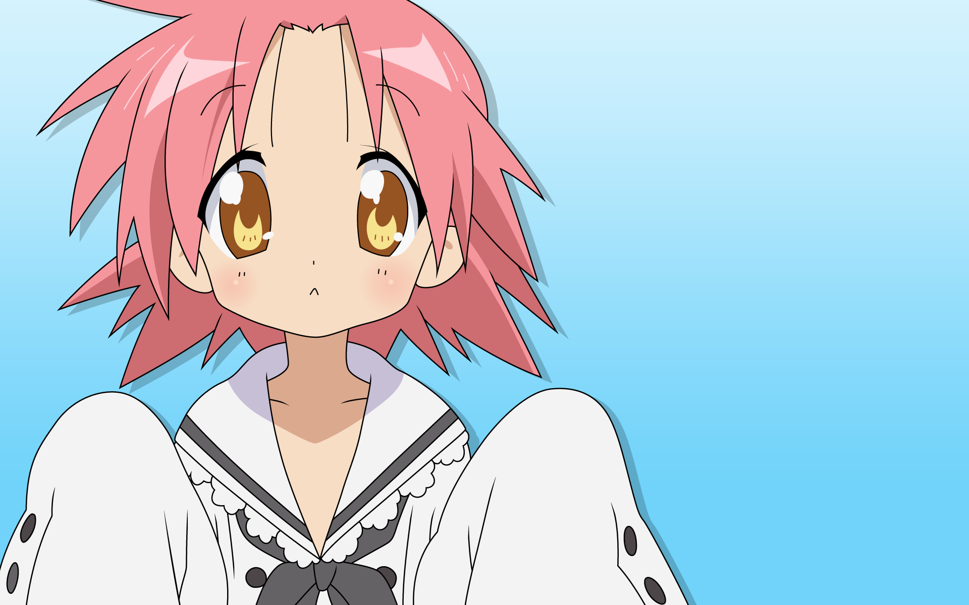 HD PC desktop wallpaper of Akira Kogami from Lucky Star: pink-haired anime girl in a white sailor uniform with golden eyes on a blue gradient background.