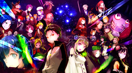 Vibrant HD wallpaper featuring characters from Re:Zero - Starting Life in Another World, set against a cosmic backdrop filled with colorful light beams.