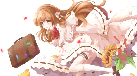 HD wallpaper featuring Taiga Aisaka from the anime Toradora!, showcasing her in a playful pose with a suitcase and vibrant flowers against a bright backdrop.