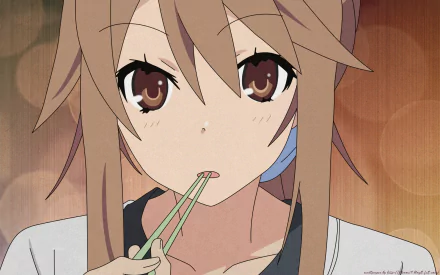 Anime scene from Ookami-san to Shichinin no Nakama-tachi featuring a close-up of a character with brown hair eating with chopsticks, rendered in HD for a PC desktop wallpaper.