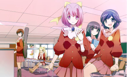 HD PC desktop wallpaper featuring anime characters from The World God Only Knows in a classroom setting, showcasing vibrant colors and detailed school uniforms.